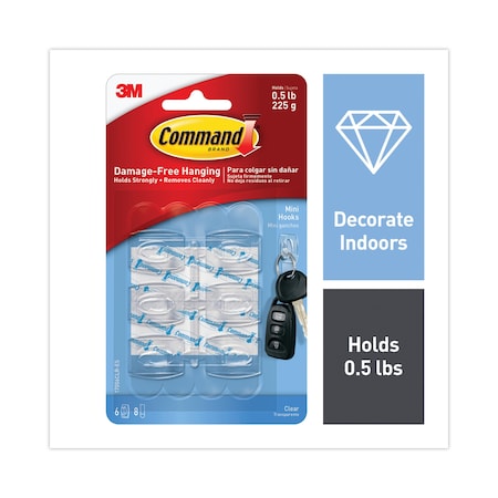 Command Clear Hooks and Strips, Plastic, Mini, 6 Hooks and 8 Strips/Pack 17006CLR-ES